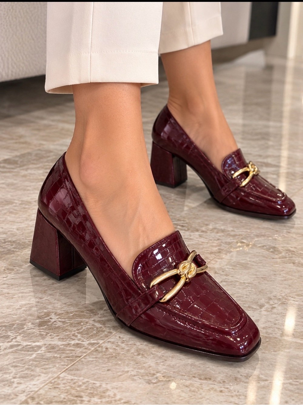 ANTONIO MELANI Burgundy Patent Croc-Embossed Block Heel Loafers
